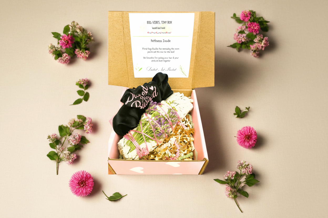 Big Vibes, Tiny Box – small but powerful petty self-care kit for humor, healing, and breakup recovery